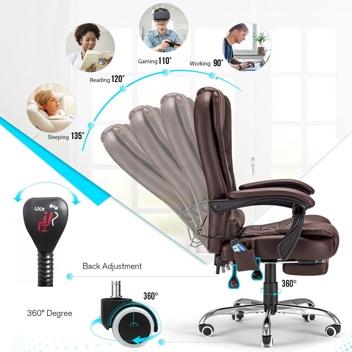 AECOJOY Office Chair with 7 Points Vibration Massage&Heat Functions, Brown Leather with Footrest